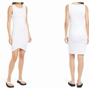 White Sleeveless Ruched Side Tulip Hem Short Sheath Dress S Bodycon Casual